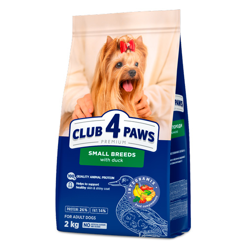 CLUB 4 PAWS PREMIUM FOR SMALL BREEDS «WITH DUCK». СOMPLETE DRY PET FOOD FOR ADULT DOGS