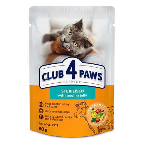 CLUB 4 PAWS PREMIUM "WITH BEEF IN JELLY". СOMPLETE CANNED PET FOOD FOR ADULT CATS