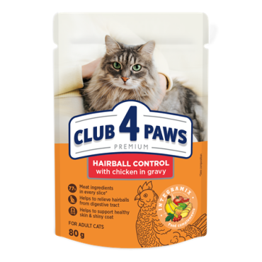 CLUB 4 PAWS PREMIUM "HAIRBALL CONTROL". СOMPLETE CANNED PET FOOD FOR ADULT CATS